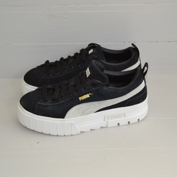 Puma Black Sneakers Women's 10 Mayze Low Top Shoes White Platform - Picture 1 of 6
